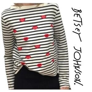 Betsey Johnson Performance Womens Striped Embroidered Kiss Lips Top Size XS